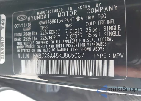 2019 Hyundai Tucson Se из США, поврежденный, VIN KM8J23A45KU865037